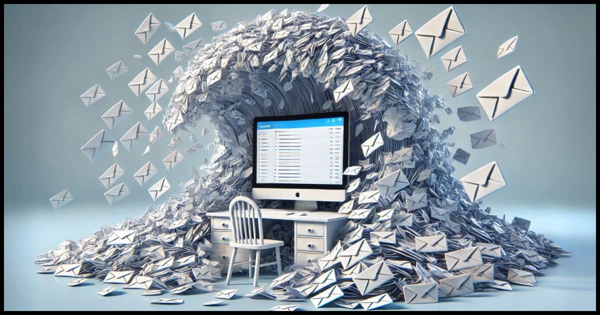 A computer screen displaying an email program overwhelmed by an extreme flood of email messages. The inbox is visible on the screen, but a massive torrent of white envelopes cascades out, covering the desk entirely and spreading to the surrounding area.