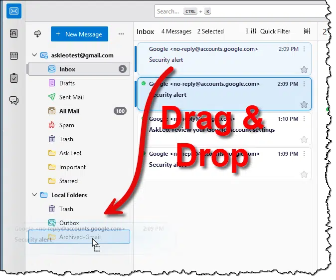 Moving email from Gmail to local folders.
