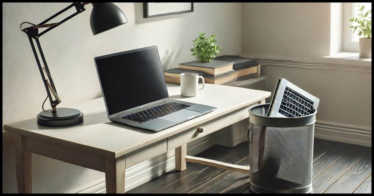 A laptop computer on a clean, minimalist desk in a well-lit room. Next to the desk is a garbage can with an old, discarded laptop inside.