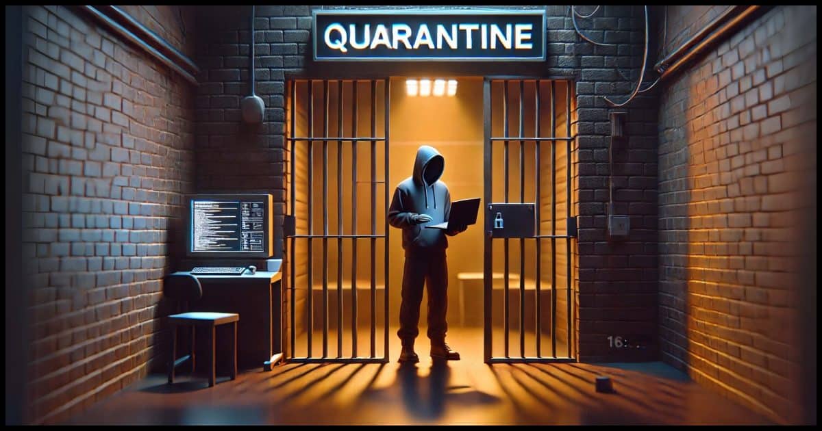 A dimly lit prison cell. Inside the cell stands a hacker figure wearing a hoodie and holding a laptop, looking apprehensive. A bold sign reading 'Quarantine' hangs above the cell door.