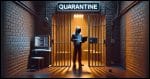 A dimly lit prison cell. Inside the cell stands a hacker figure wearing a hoodie and holding a laptop, looking apprehensive. A bold sign reading 'Quarantine' hangs above the cell door.