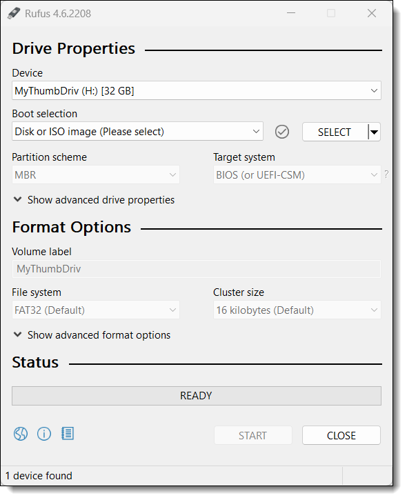 Rufus main interface.