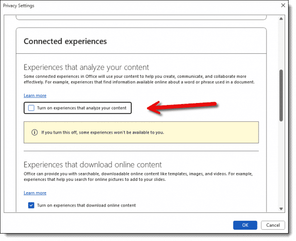 Word->File->Options->Trust Center->Trust Center Settings->Privacy Options->Privacy Settngs->Connected Experiences