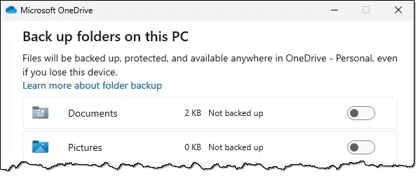 OneDrive backup feature turned OFF for Documents.