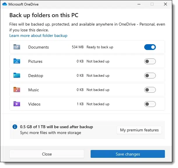 OneDrive backup feature turned on for Documents.