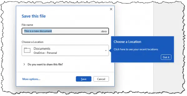 Word's default save location: OneDrive.