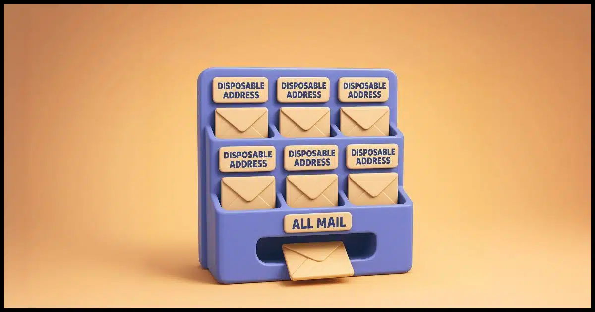 A mail sorter/organizer with multiple labeled slots, each representing different disposable addresses, with one main slot catching all the sorted mail
