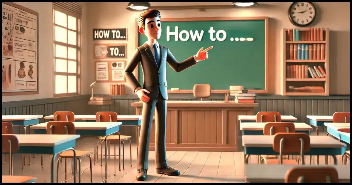 A teacher standing in front of a classroom, pointing at a chalkboard. The chalkboard has the words 'How to ...' written on it.