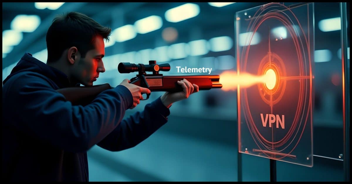 A man with a shotgun labeled telemetry shooting a hole through a shield labelled VPN.