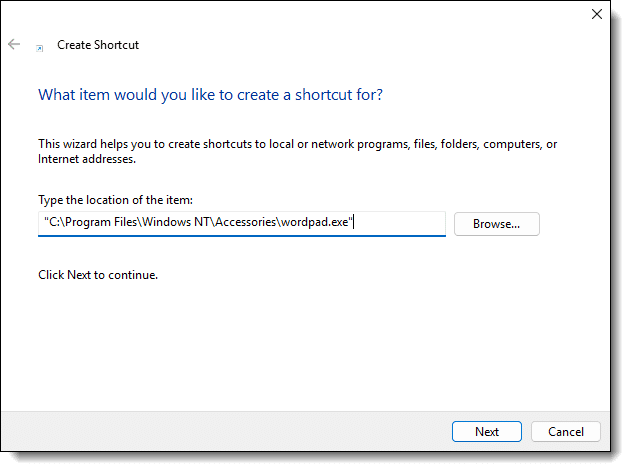 Creating a desktop shortcut for WordPad.