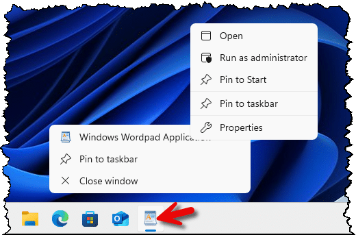 Wordpad in the taskbar.