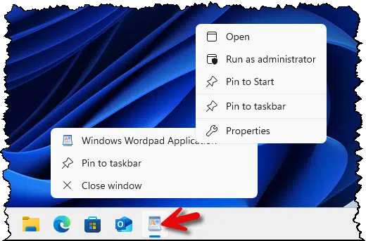 Wordpad in the taskbar.