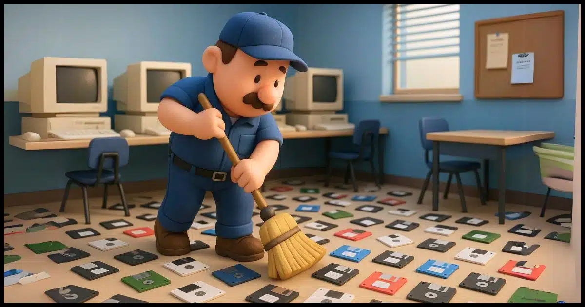 A janitor sweeping a computer room floor covered in floppy disks