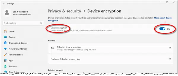 Device Encryption is on.