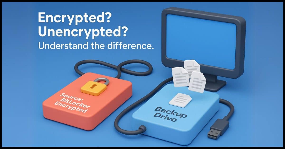 two hard drives connected to a computer, one labeled "Source: BitLocker Encrypted" and the second labeled "Backup Drive." Overlayed text reads "Encrypted? Unencrypted? Understand the difference."