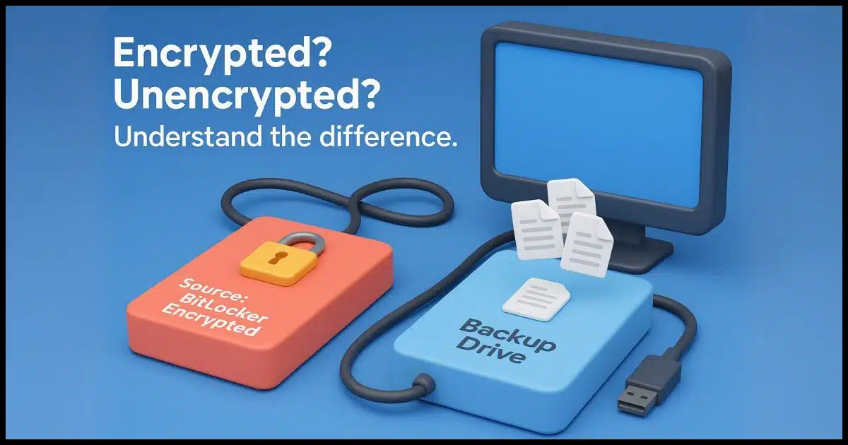 two hard drives connected to a computer, one labeled "Source: BitLocker Encrypted" and the second labeled "Backup Drive." Overlayed text reads "Encrypted? Unencrypted? Understand the difference."