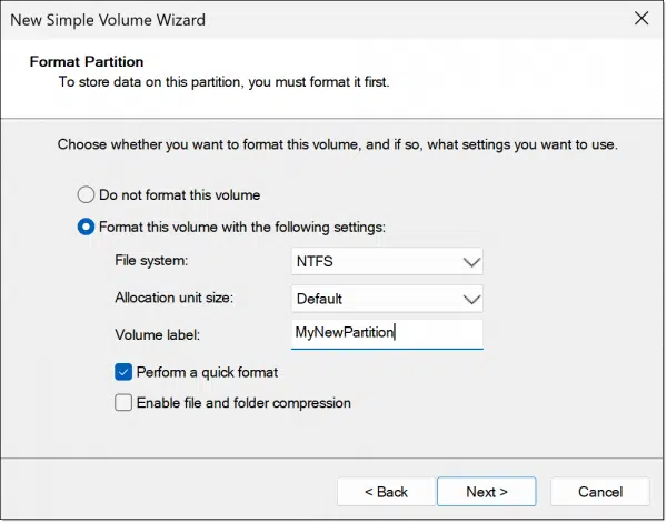 Formatting the new partition.