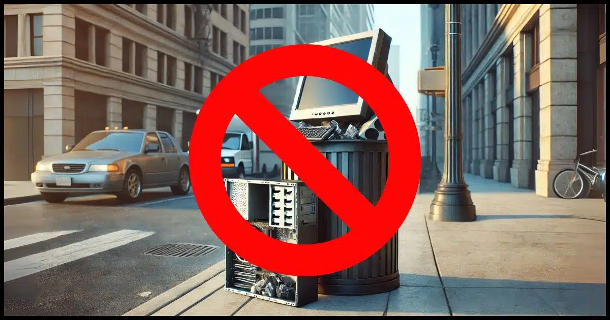 A desktop computer, including a monitor and tower, being discarded in a garbage can on the street.