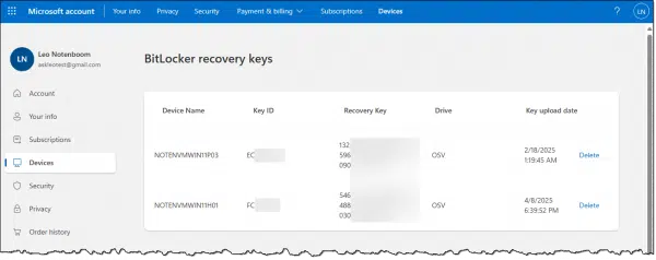 Bitlocker Recovery Keys