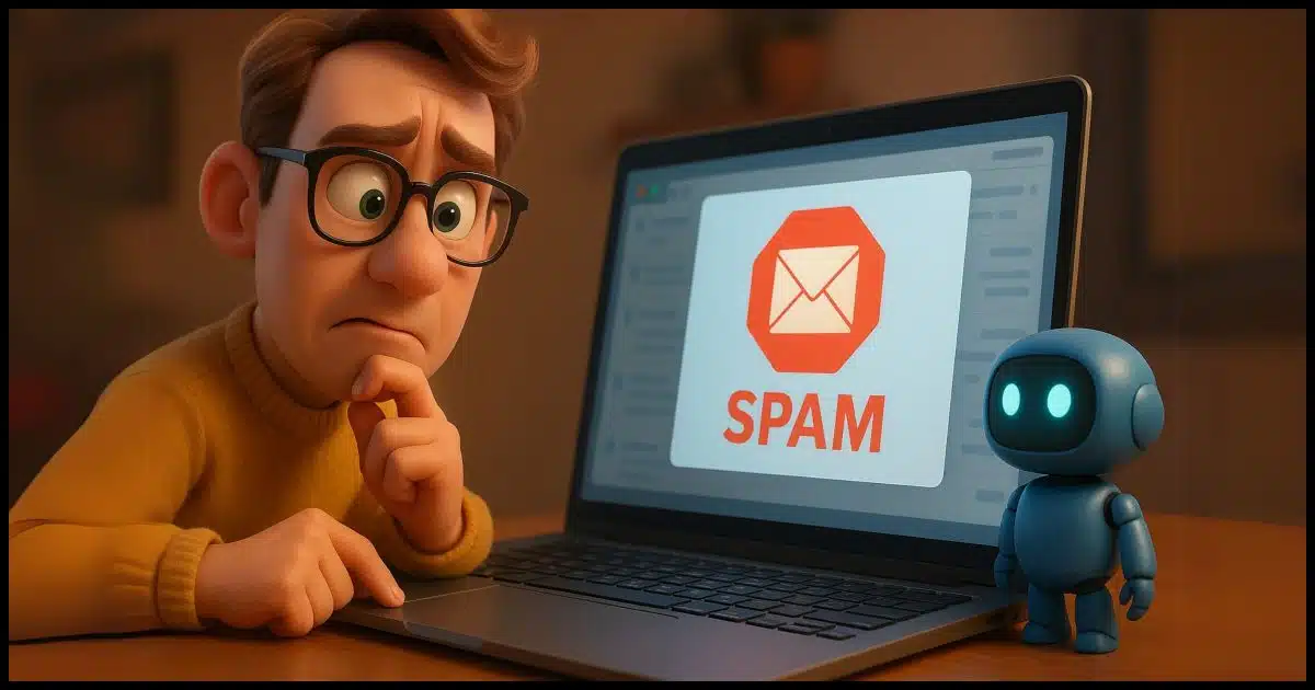 A worried man wearing glasses and a mustard-yellow sweater sits at a desk, staring at a laptop screen displaying a large red "SPAM" warning with an envelope icon. Beside the laptop stands a small blue robot with glowing eyes, suggesting AI assistance.