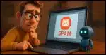 A worried man wearing glasses and a mustard-yellow sweater sits at a desk, staring at a laptop screen displaying a large red "SPAM" warning with an envelope icon. Beside the laptop stands a small blue robot with glowing eyes, suggesting AI assistance.