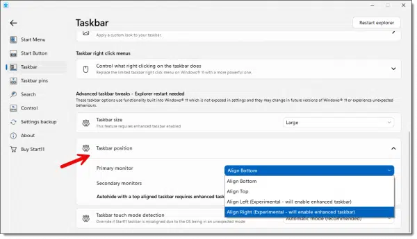 Start11 Chosing Taskbar Position