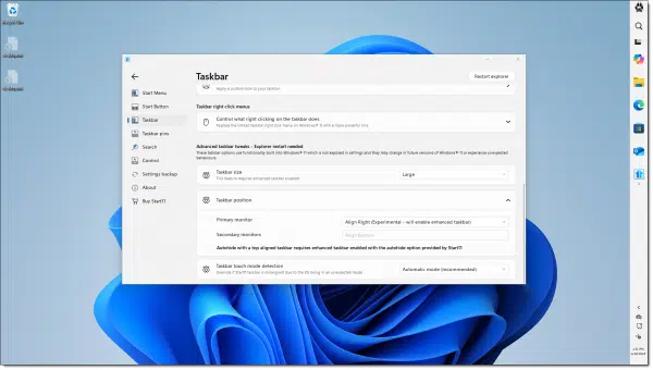 Windows 11 with the taskbar on the right, thanks to Start11.