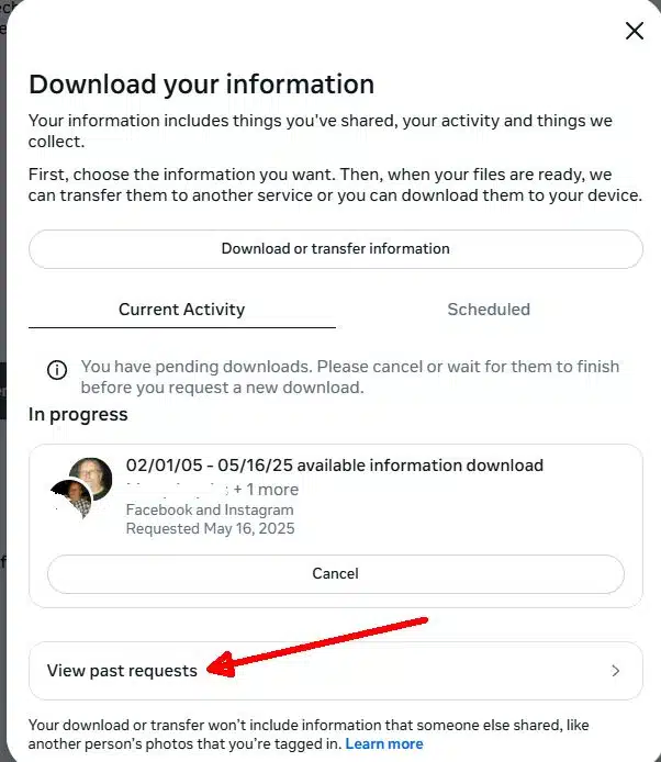 Facebook-View-past-requests