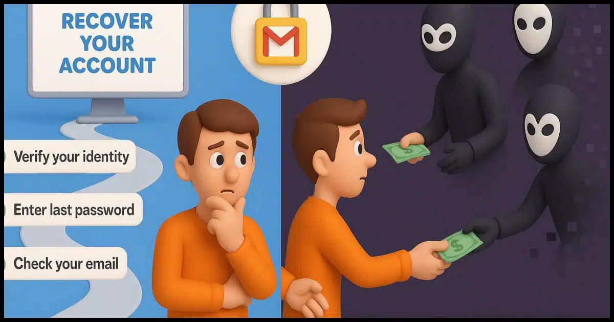 A split-screen image showing two paths: on the left, a person following Google's official recovery steps (well-lit, organized process with checkpoints for recovery information); on the right, the same person handing money to various masked figures who are disappearing with the cash. Above both scenes is a Gmail lock icon.