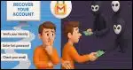 A split-screen image showing two paths: on the left, a person following Google's official recovery steps (well-lit, organized process with checkpoints for recovery information); on the right, the same person handing money to various masked figures who are disappearing with the cash. Above both scenes is a Gmail lock icon.
