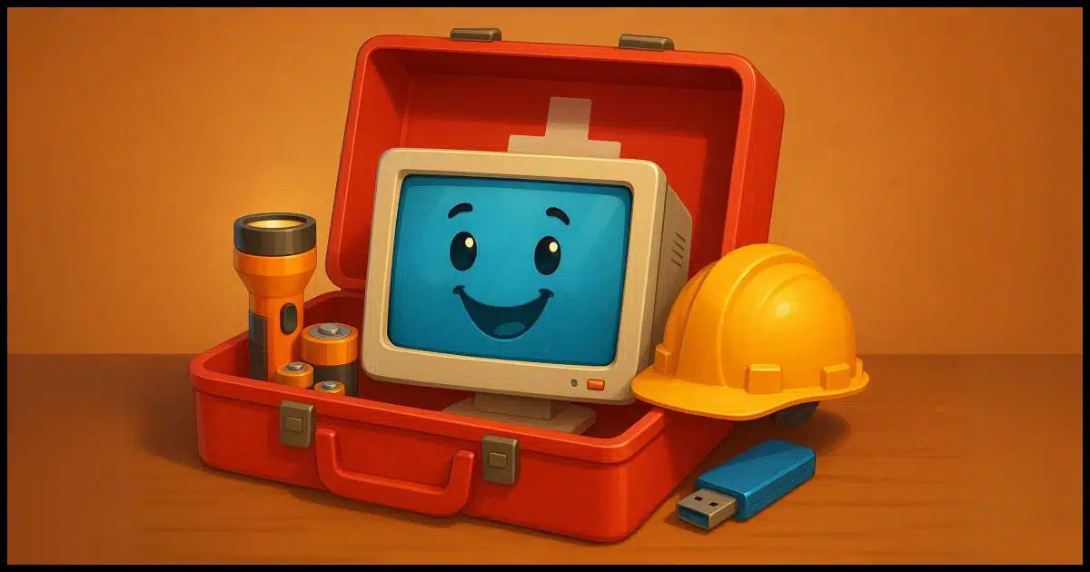 A cheerful desktop computer tucked inside an open emergency kit (like a first aid box), surrounded by flashlights, batteries, a USB drive, and a hard hat