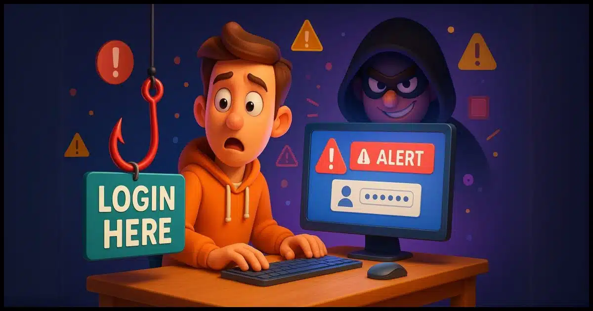 A giant fishing hook labeled “Login Here” dangles in front of a surprised user character sitting at a desk, with warning icons and blinking red alerts on their screen. Behind the screen, a sneaky figure smirks.