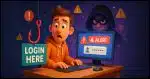 A giant fishing hook labeled “Login Here” dangles in front of a surprised user character sitting at a desk, with warning icons and blinking red alerts on their screen. Behind the screen, a sneaky figure smirks.
