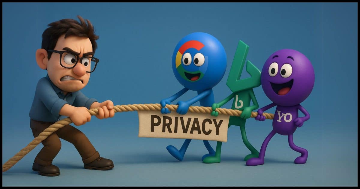 A character on one side of a tug-of-war rope marked “Privacy” struggles against cheerful caricatures of search engines (Google, Bing, Yahoo)
