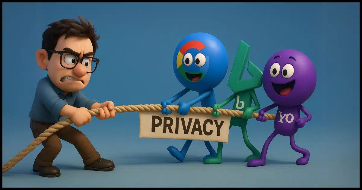 A character on one side of a tug-of-war rope marked “Privacy” struggles against cheerful caricatures of search engines (Google, Bing, Yahoo)