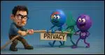 A character on one side of a tug-of-war rope marked “Privacy” struggles against cheerful caricatures of search engines (Google, Bing, Yahoo)