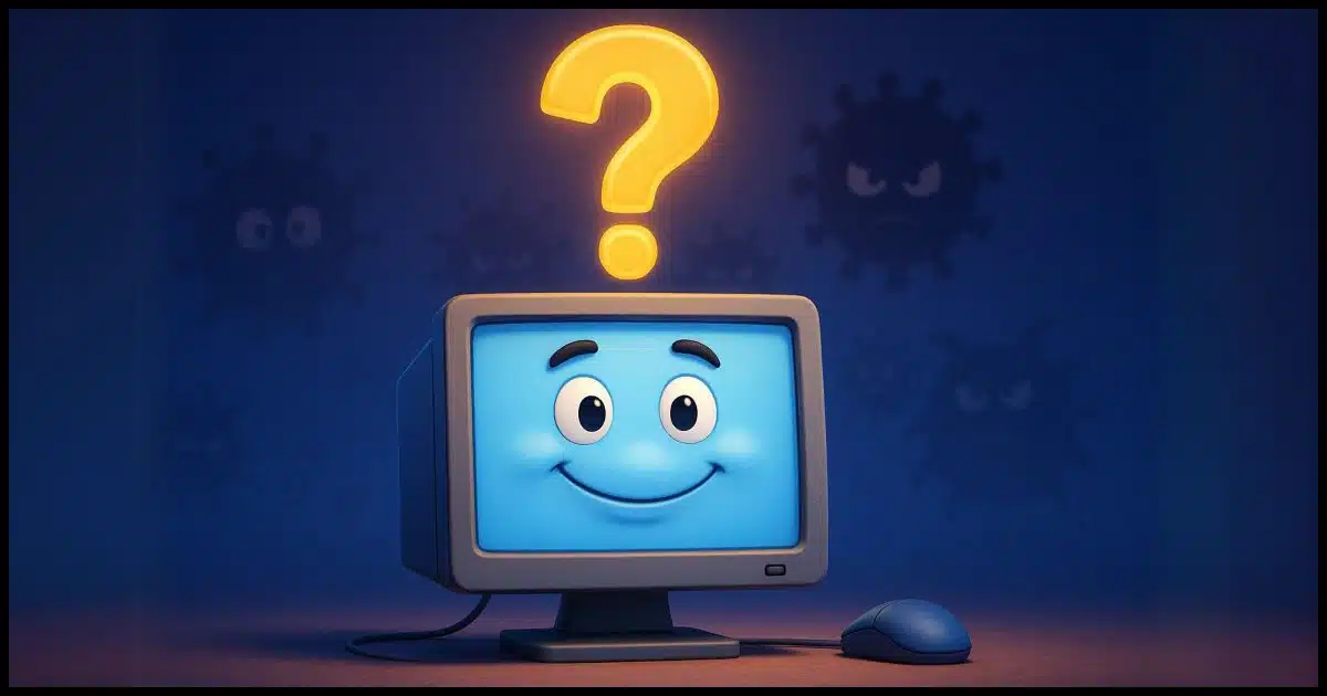 A friendly-looking cartoon desktop computer beams confidently, but above it hovers a large, glowing, animated question mark. In the background, shadowy "virus" characters lurk just out of view — barely noticeable unless you look closer — representing the unseen uncertainty.