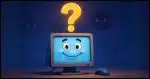A friendly-looking cartoon desktop computer beams confidently, but above it hovers a large, glowing, animated question mark. In the background, shadowy "virus" characters lurk just out of view — barely noticeable unless you look closer — representing the unseen uncertainty.