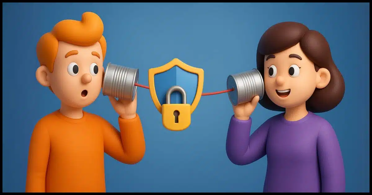 two individuals communicating using tin cans and strings, with a padlock and sheild on top of the string