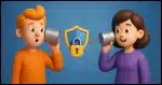 two individuals communicating using tin cans and strings, with a padlock and sheild on top of the string